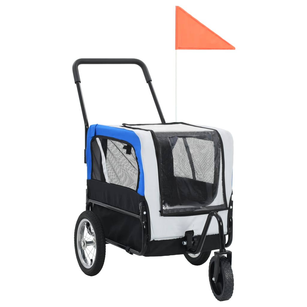 Huisdierenfietskar 2-in-1 aanhanger en loopwagen grijs en blauw