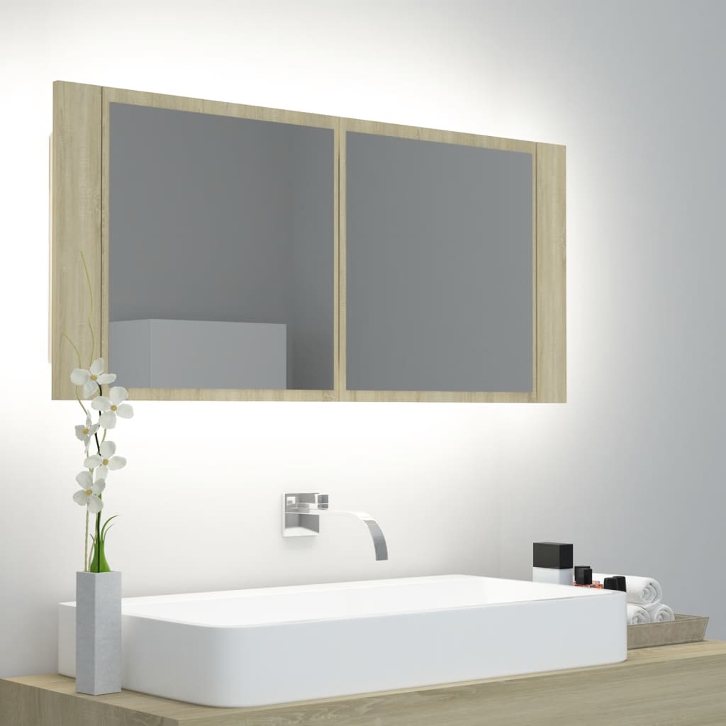 Badkamerkast met spiegel en LED 100x12x45 cm sonoma eikenkleur