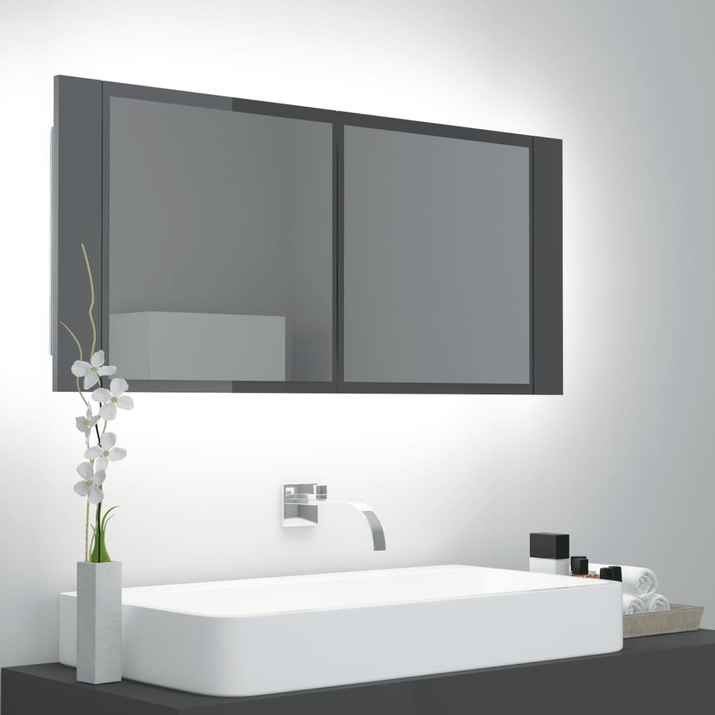Badkamerkast met spiegel en LED 100x12x45 cm hoogglans grijs